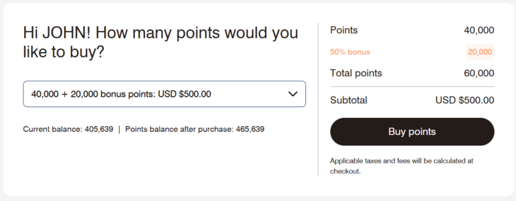 Example of buying Marriott points with a 50% bonus
