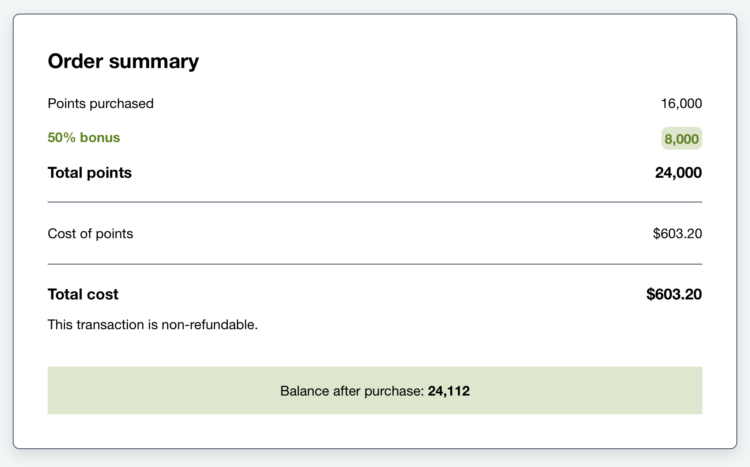 Screenshot of Amtrak buy points promo receipt.