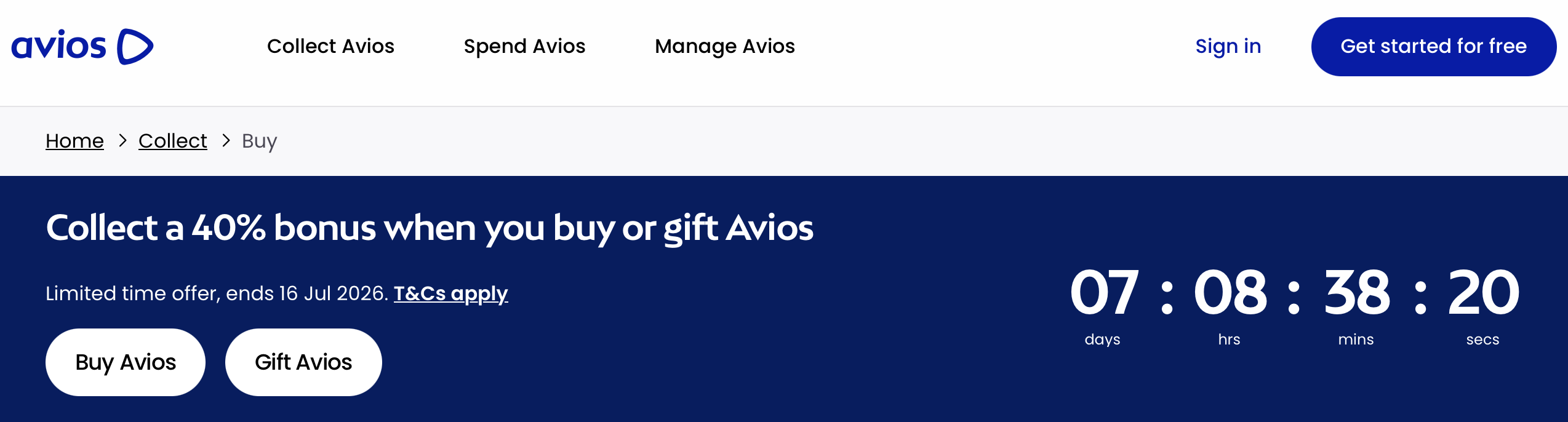 Screenshot of Avios.com buy Avios promo.