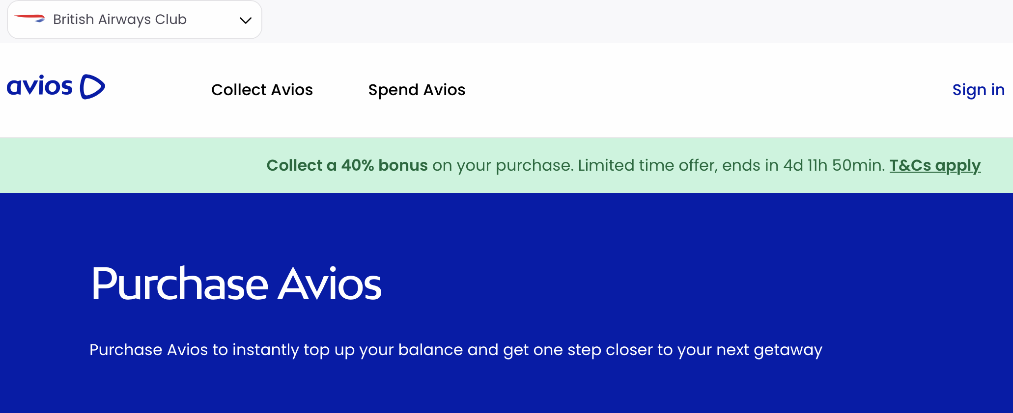 Screenshot of Avios.com buy British Airways Avios promotion.