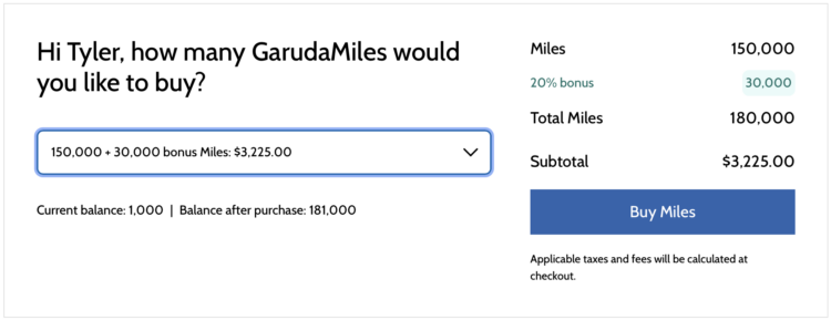 Screenshot of Points.com buy GarudaMiles selection tool.