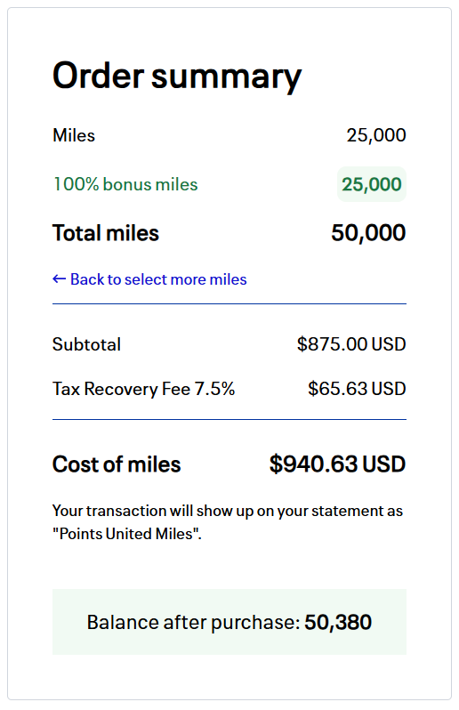 Example of buying United miles with a 100% bonus