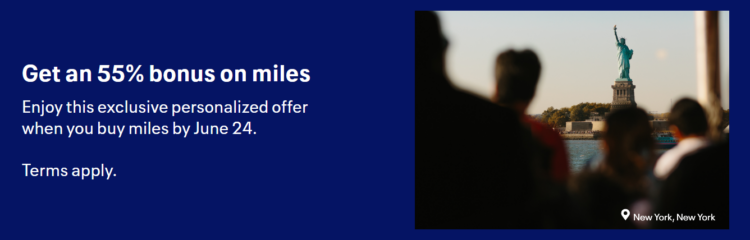 Screenshot of United Airlines buy miles promo banner with 55% bonus