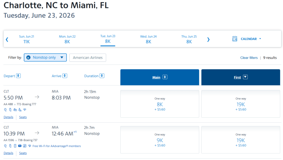 Screenshot showing AAdvantage award search results from Charlotte to Miami in lay-flat first class using AAdvantage miles