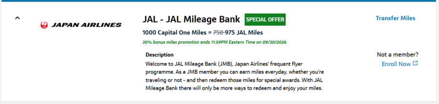 Capital One 30% transfer bonus to Japan Airlines details