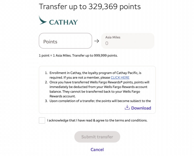 Wells Fargo transfers to Cathay Pacific Asia Miles