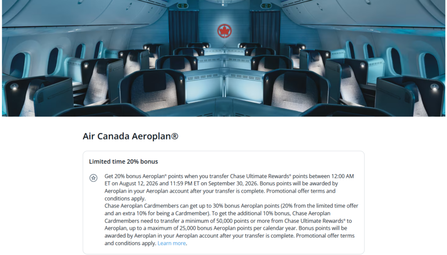 Chase to Air Canada Aeroplan transfer bonus terms