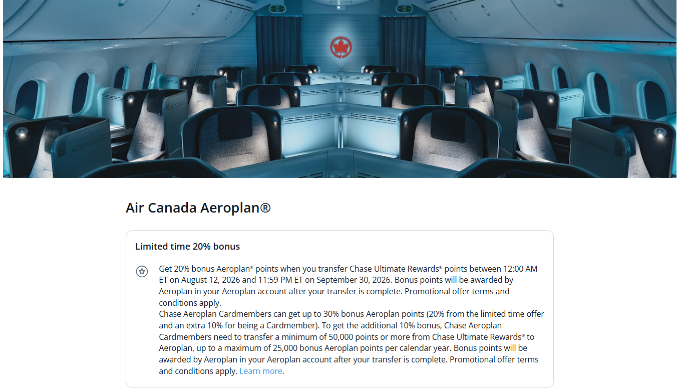 Get Up to a 30% Bonus on Chase Transfers to Aeroplan