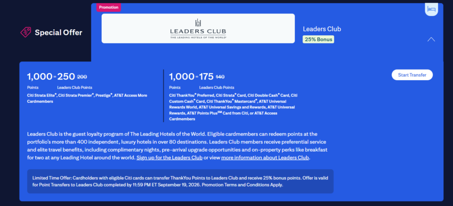 Leaders Club transfer bonus promotion details