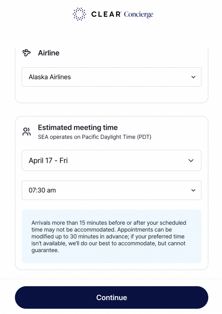 Screenshot of CLEAR+ Concierge