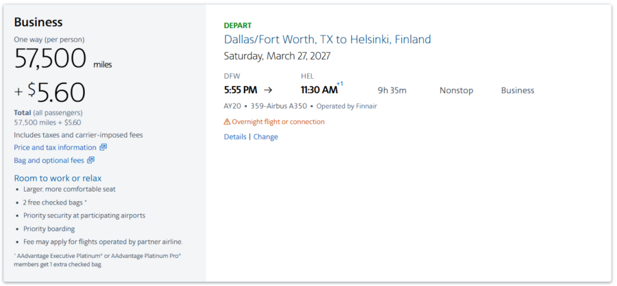 AAdvantage award results from Dallas to Helsinki in Finnair business class