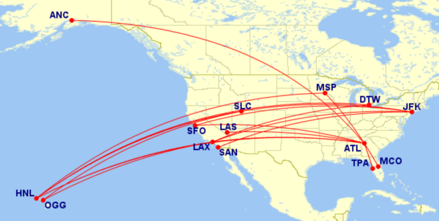 Map of all Delta domestic lay-flat routes for June 2026