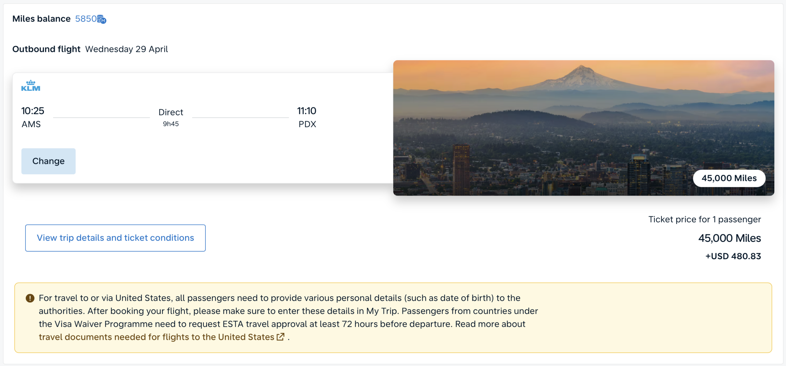 Flying Blue award example from AMS to PDX in business class