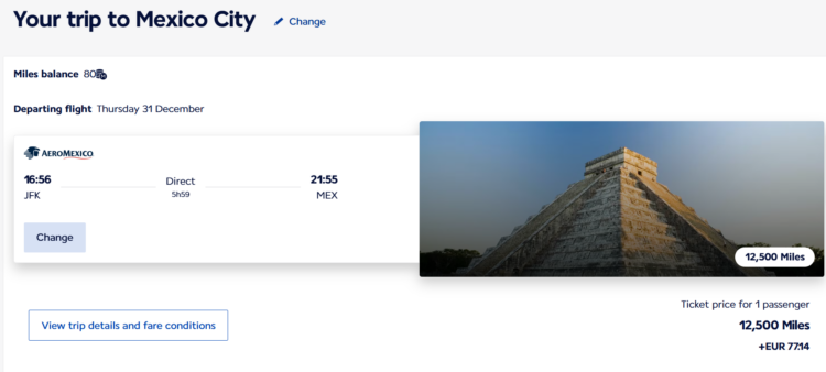 Air France booking page showing a flight from New York to Mexico City for 12,500 miles
