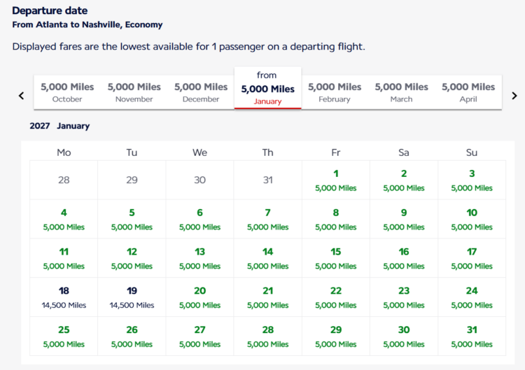 Screenshot of Flying Blue award calendar showing widespread availability from Atlanta to Nashville at 5,000 Flying Blue miles