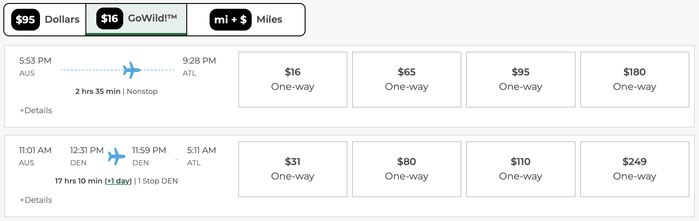 Screenshot of Frontier Airlines GoWild fares.