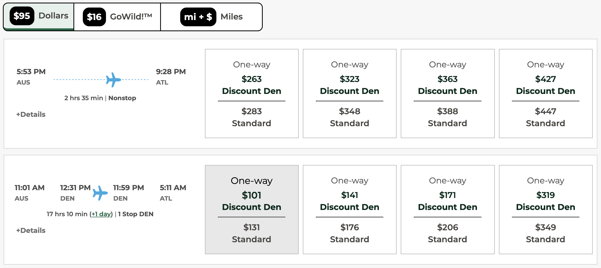 Screenshot of Frontier Airlines fares
