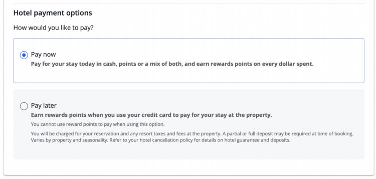Chase Travel showing payment options