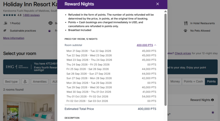 IHG Fourth Night Free example at the Holiday Inn Resort Maldives