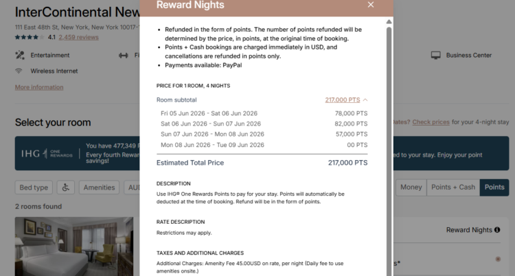 IHG Fourth Night Free example at the InterContinental New York