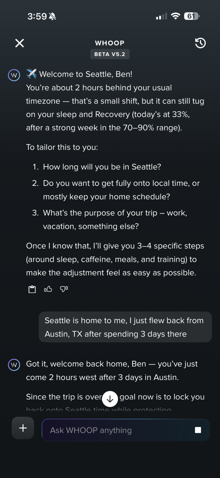 WHOOP notification for time zone change and adjustment recommendations