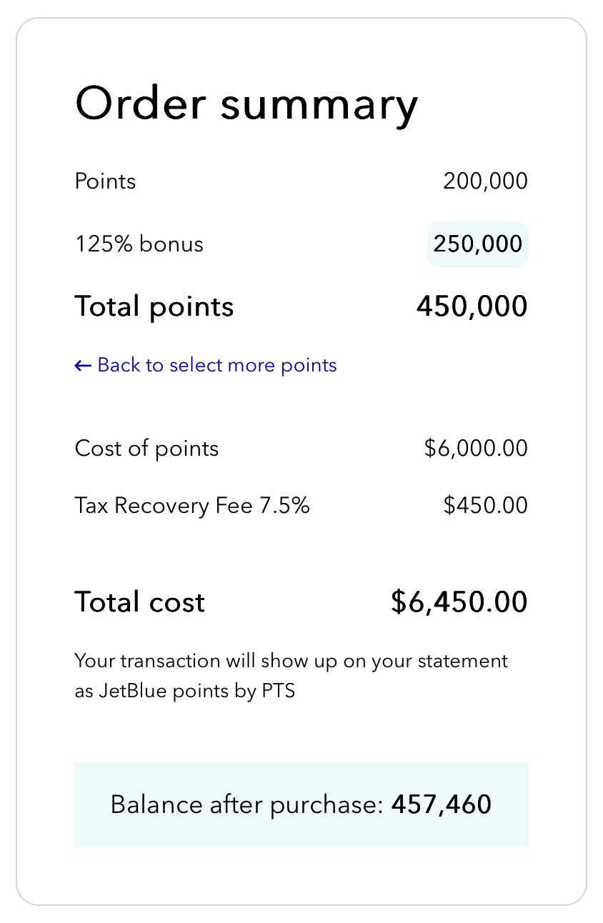 Screenshot of Points.com JetBlue buy points promo receipt