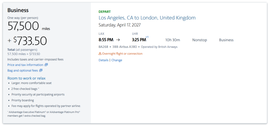 AAdvantage award results from Los Angeles to London in British Airways business class
