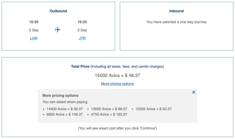 Screenshot of British Airways award from LHR to JTR.