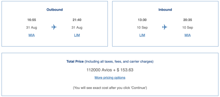 Screenshot of British Airways -- AA award from MIA to LIM.