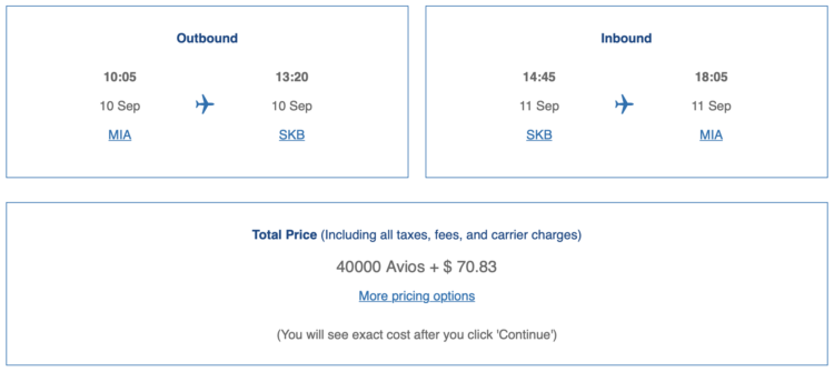 Screenshot of British Airways -- AA award from MIA to SKB.