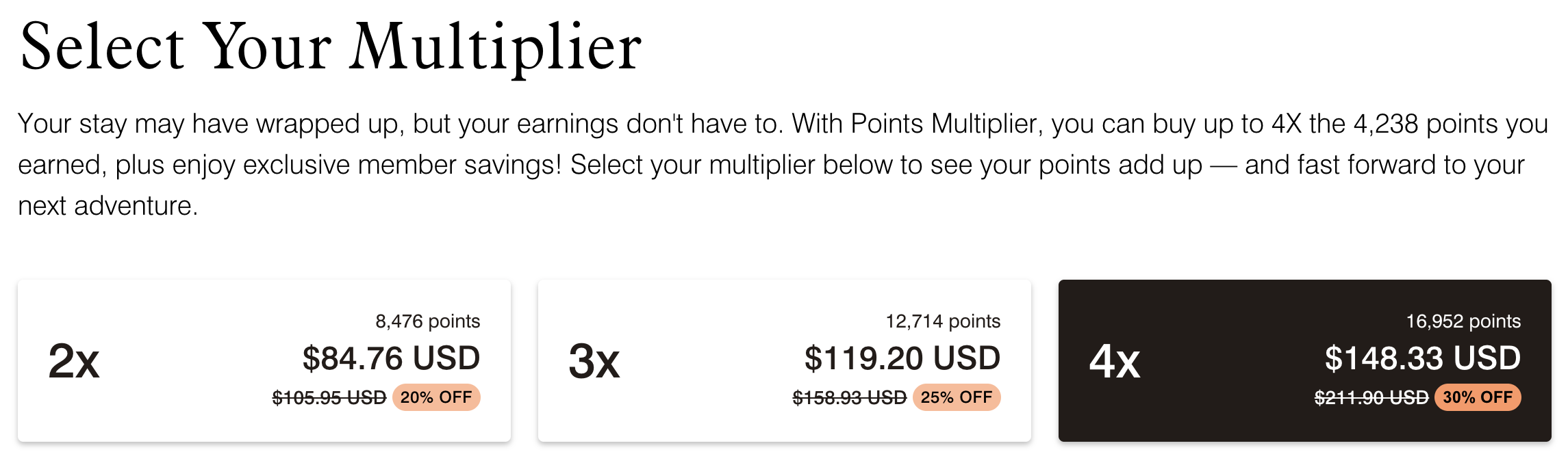 Screenshot of Marriott multiply points selection tiers