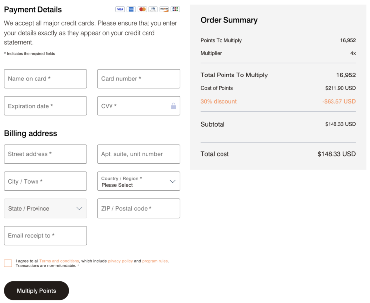 Screenshot of Marriott multiply points checkout