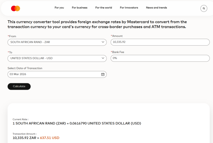 Mastercard Exchange Rate Calculator result for my ZAR purchase