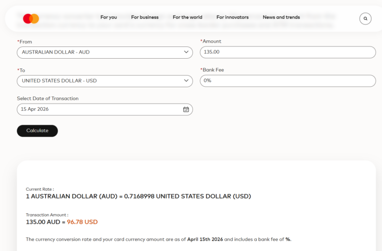 Mastercard Exchange Rate calculator example from Australian Dollars to US Dollars
