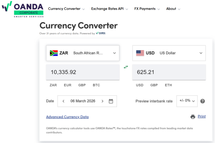 Oanda historical exchange rate for my ZAR purchase