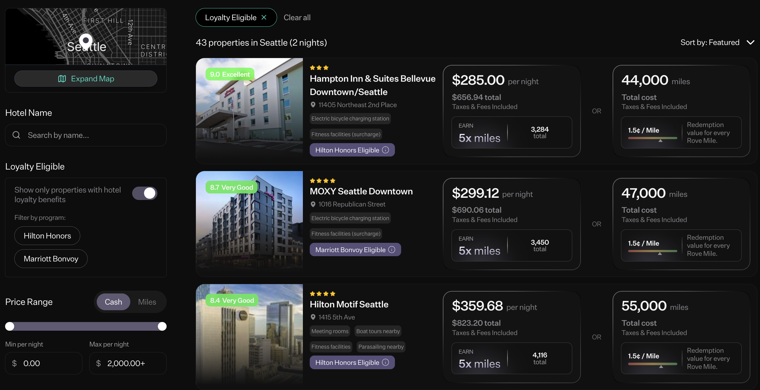 Screenshot of Rove Miles hotel rates
