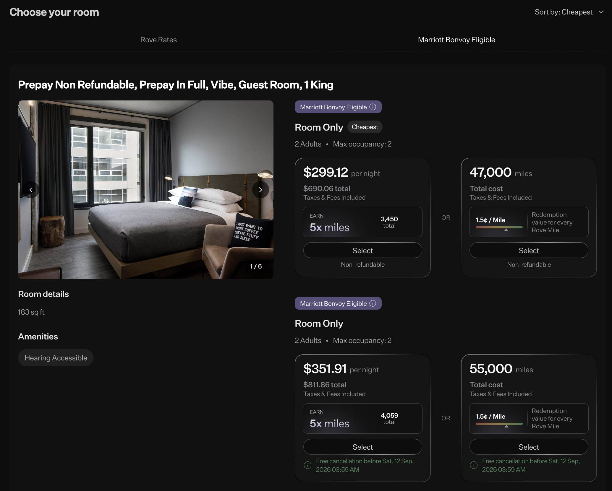 Screenshot of Rove Miles loyalty-eligible rates