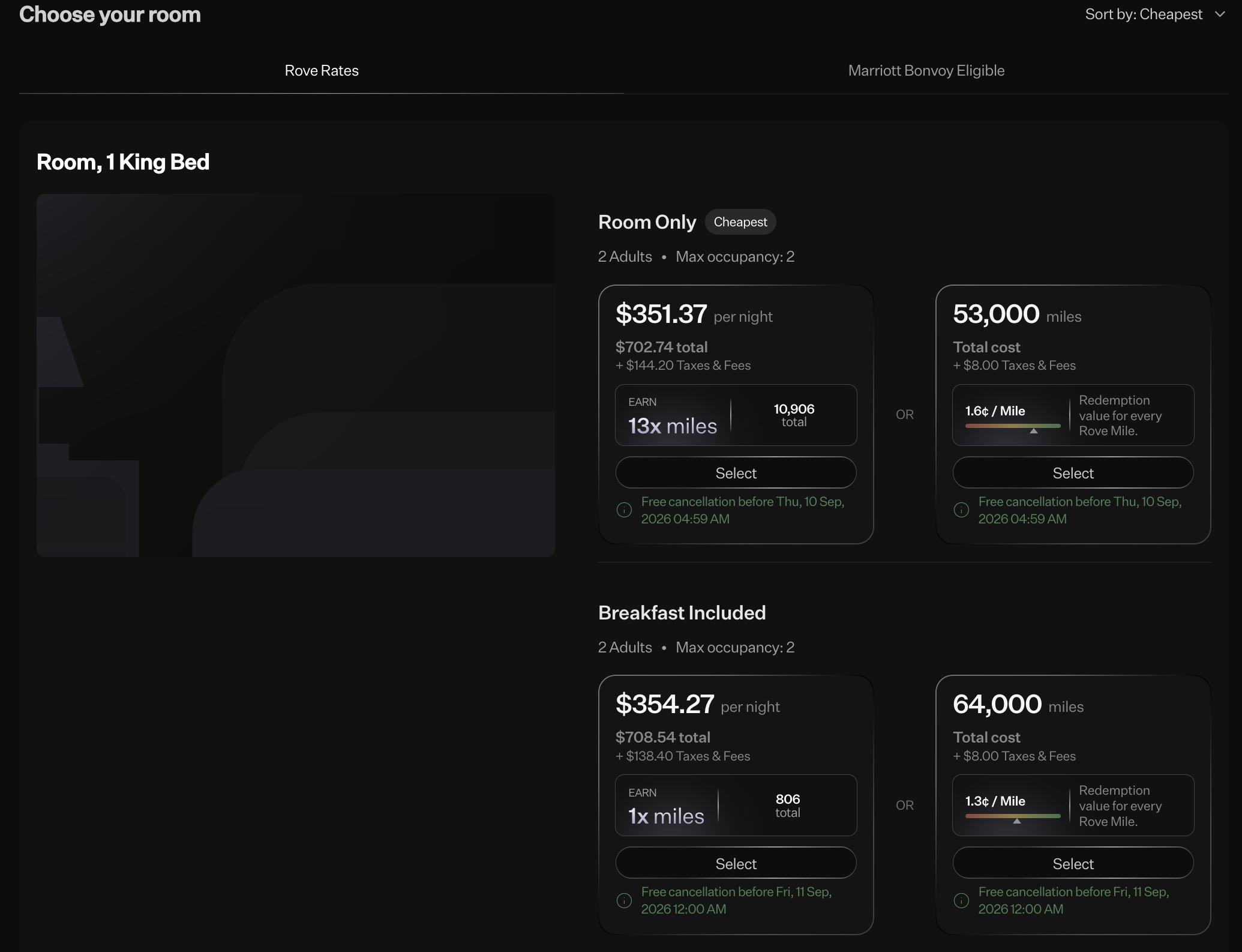 Screenshot of Rove Miles hotel rates