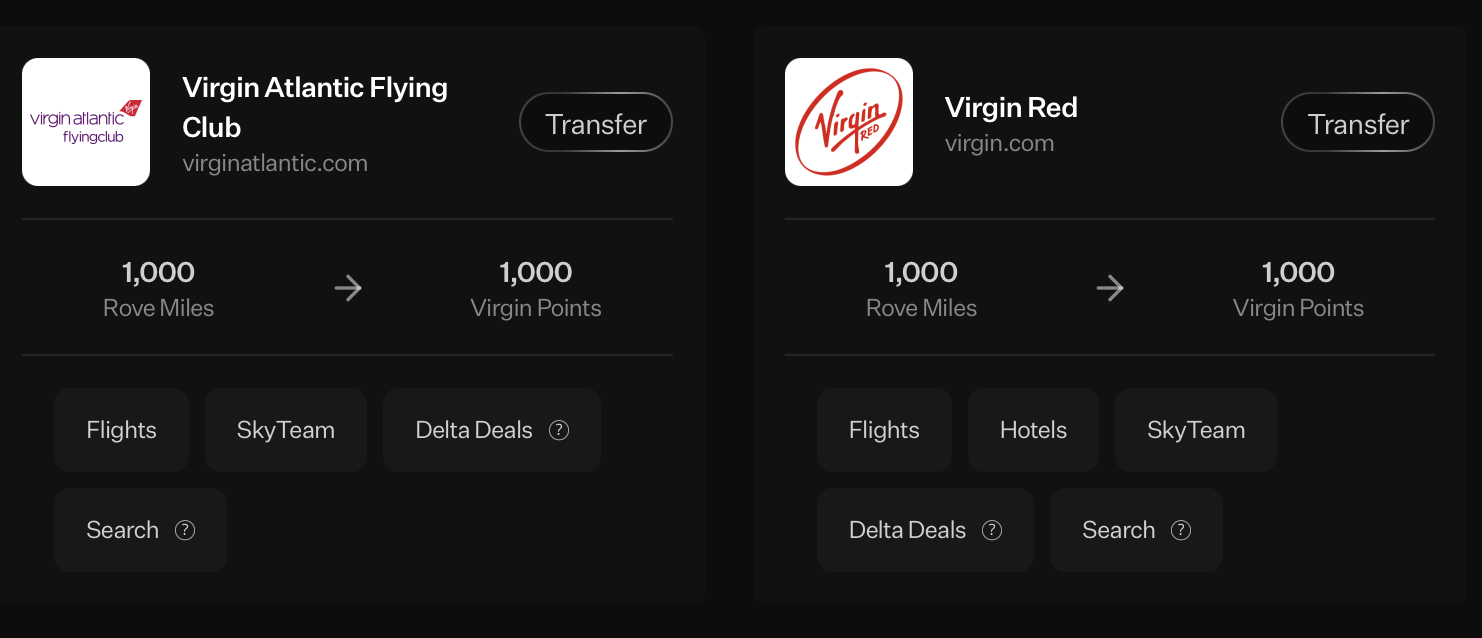 Screenshot of Rove Miles Virgin transfer widgets.