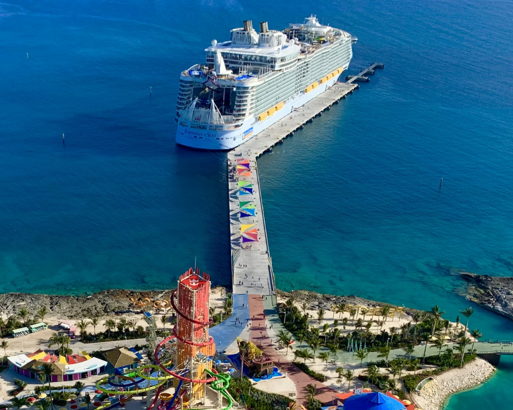 Aerial view of a Royal Caribbean ship at CocoCay, Berry Islands, Bahamas