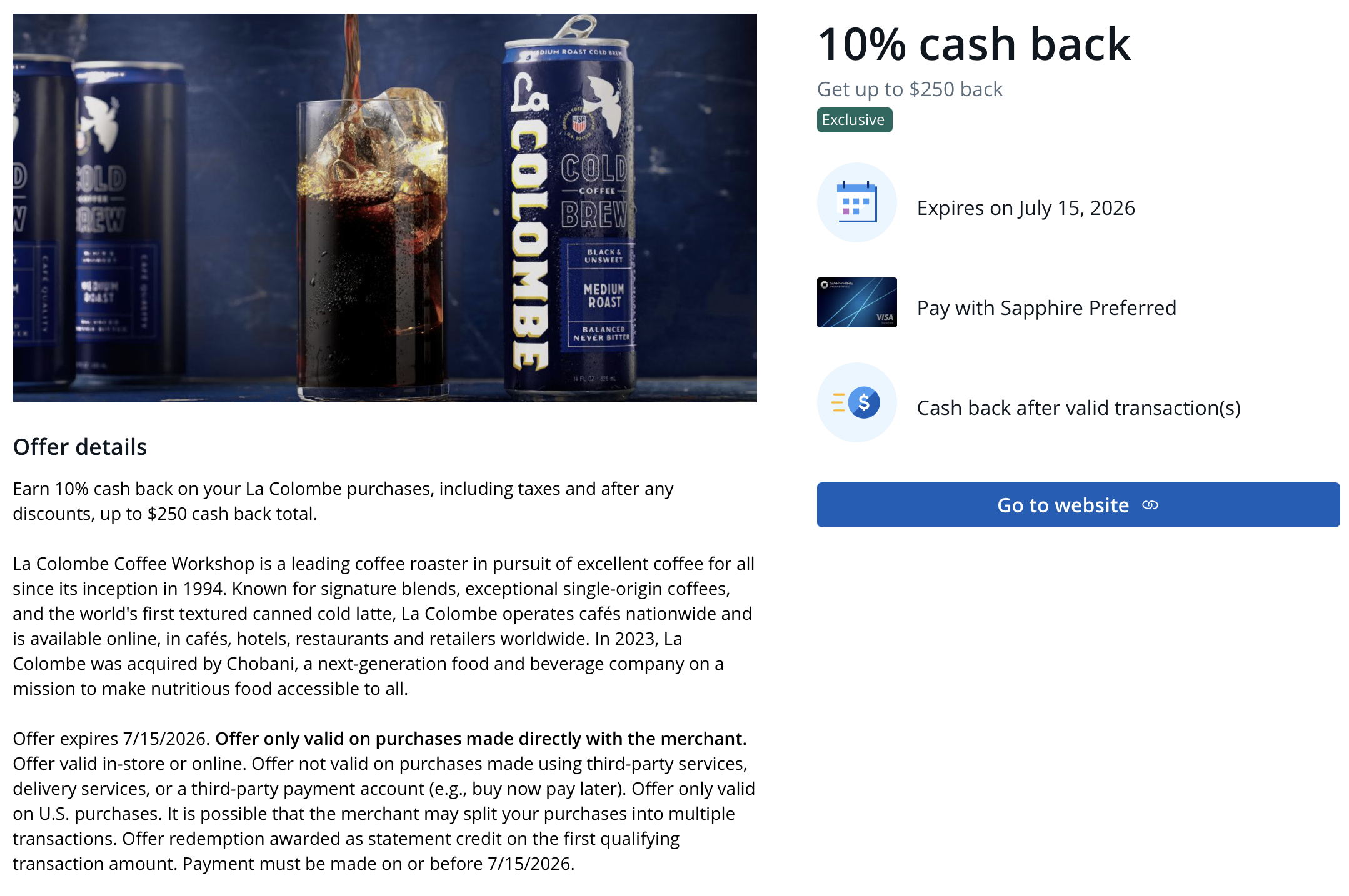 Screenshot of Chase offer for La Colombe