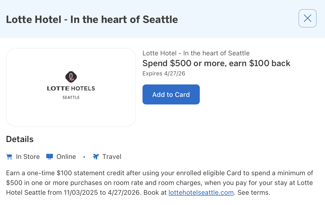 Amex offer for Lotte Hotel Seattle