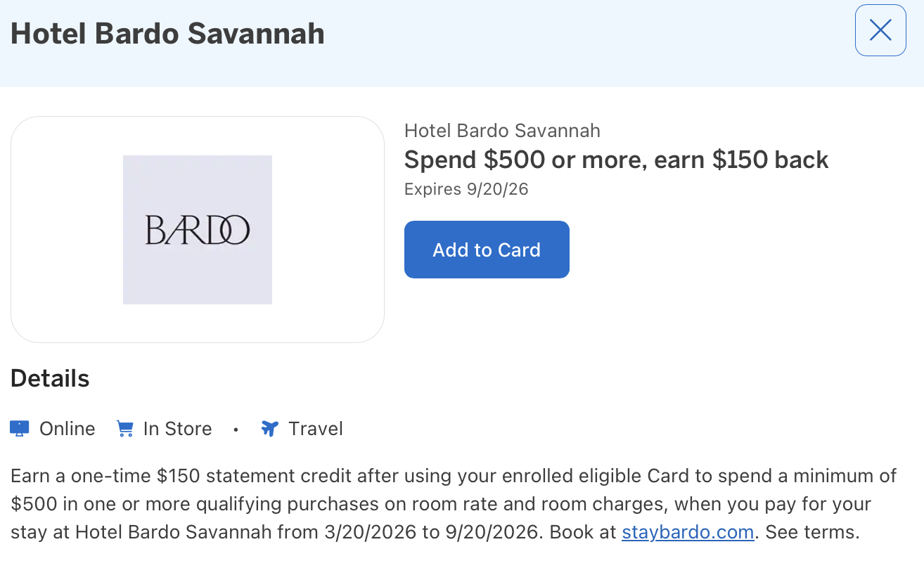 Amex Offer for Hotel Bardo Savannah