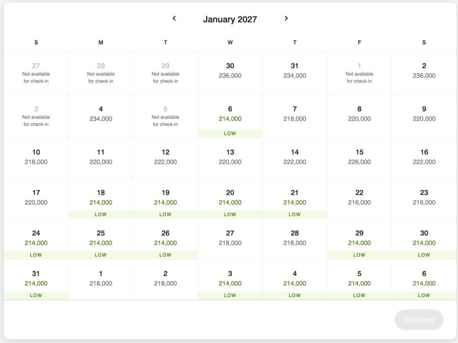 Calendar view of award costs for the month of January in 2027.