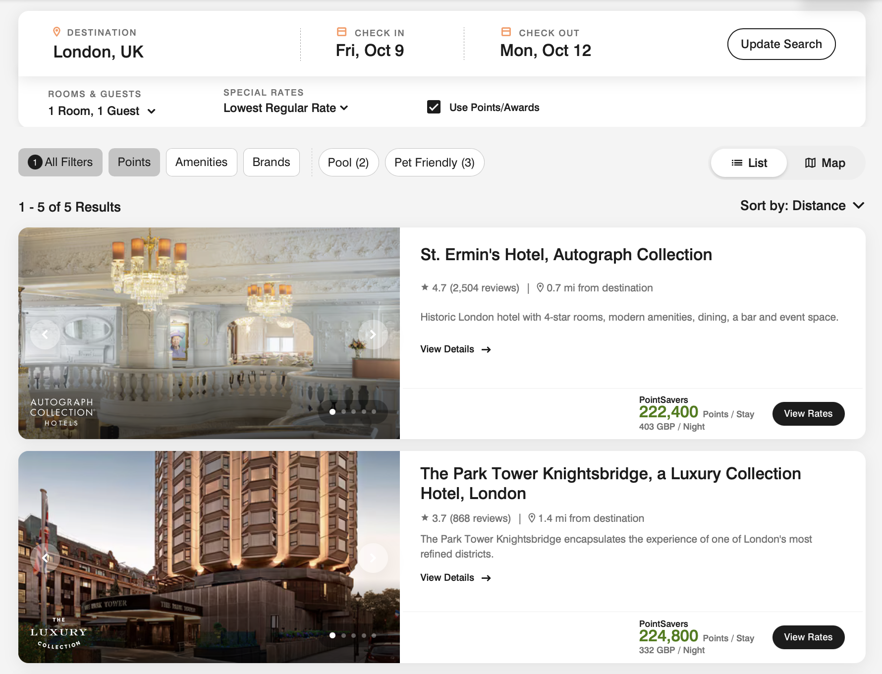 Marriott search results for London, UK showing PointSavers awards