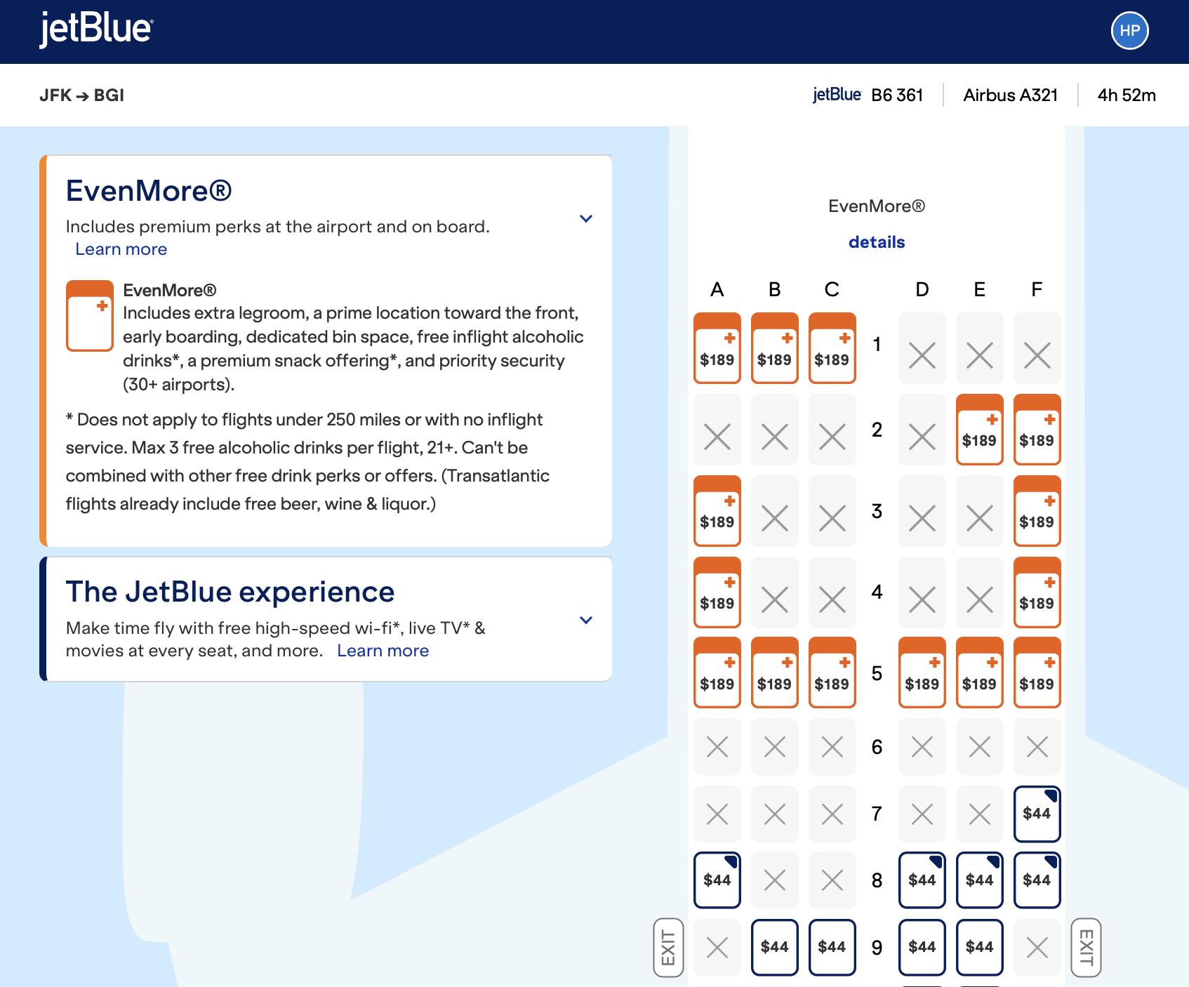 JetBlue seat map for A321 flight from JFK to BGI