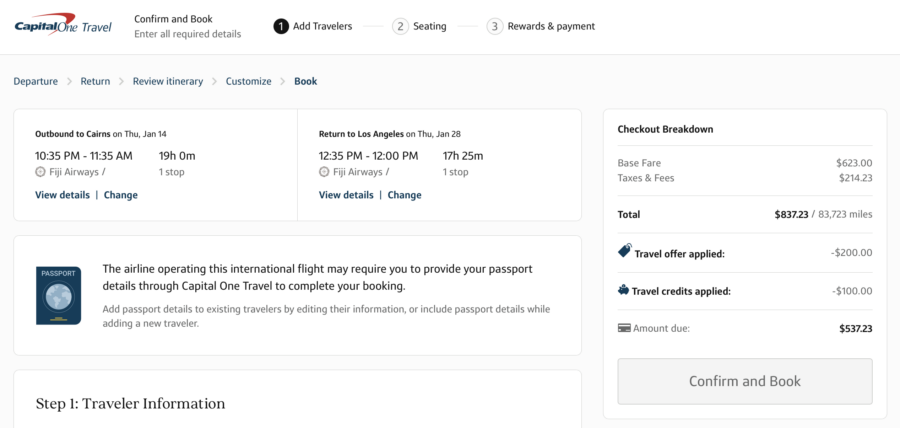 Booking result for a round-trip flight from Los Angeles to Cairns