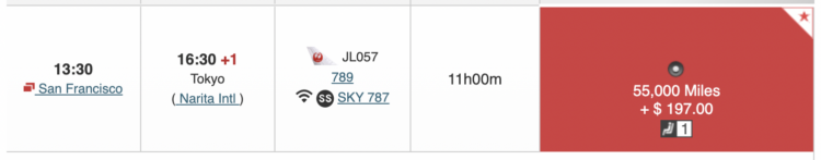 JAL showing a business-class flight from SFO to HND for 55,000 miles