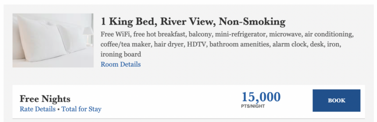 A wyndham booking page for a room with a king bed, river view, and nonsmoking. 