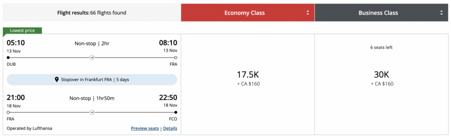 Air Canada search results showing flights between Dublin to Frankfurt to Rome for 17.5k economy and 30k business